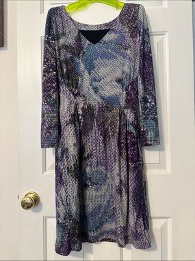 Women's Long-Sleeve Purple Patterned A-Line Dress
